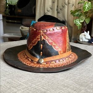 Vintage Hand Tooled Leather Cowboy Western Hat Indian Eagle Motif Handmade